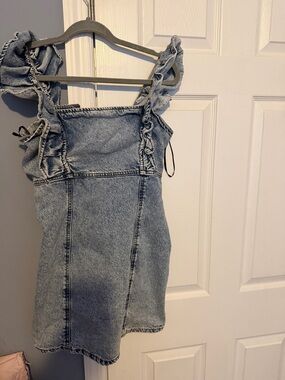 Forever 21 Acid Wash Denim Midi Dress with Ruffle Straps